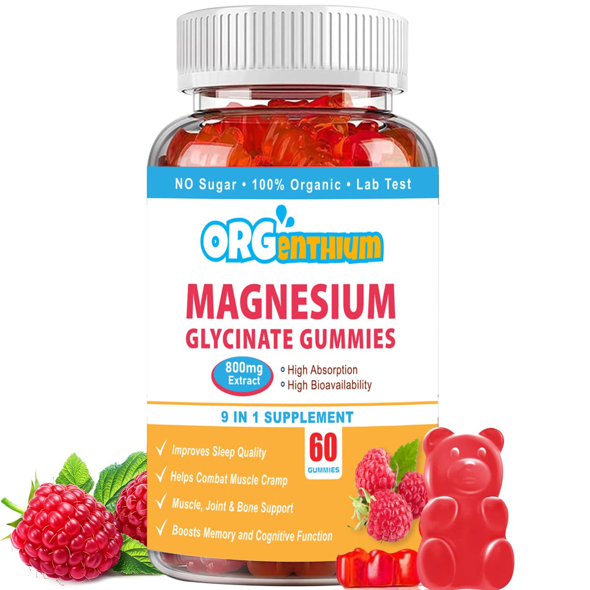 Magnesium Glycinate Gummies 800mg| Sugar-Free | Gluten-Free | Non-GMO| Vegan-Friendly | Relaxation Calm Magnesium Gummies for Adults & Kids 60Ct